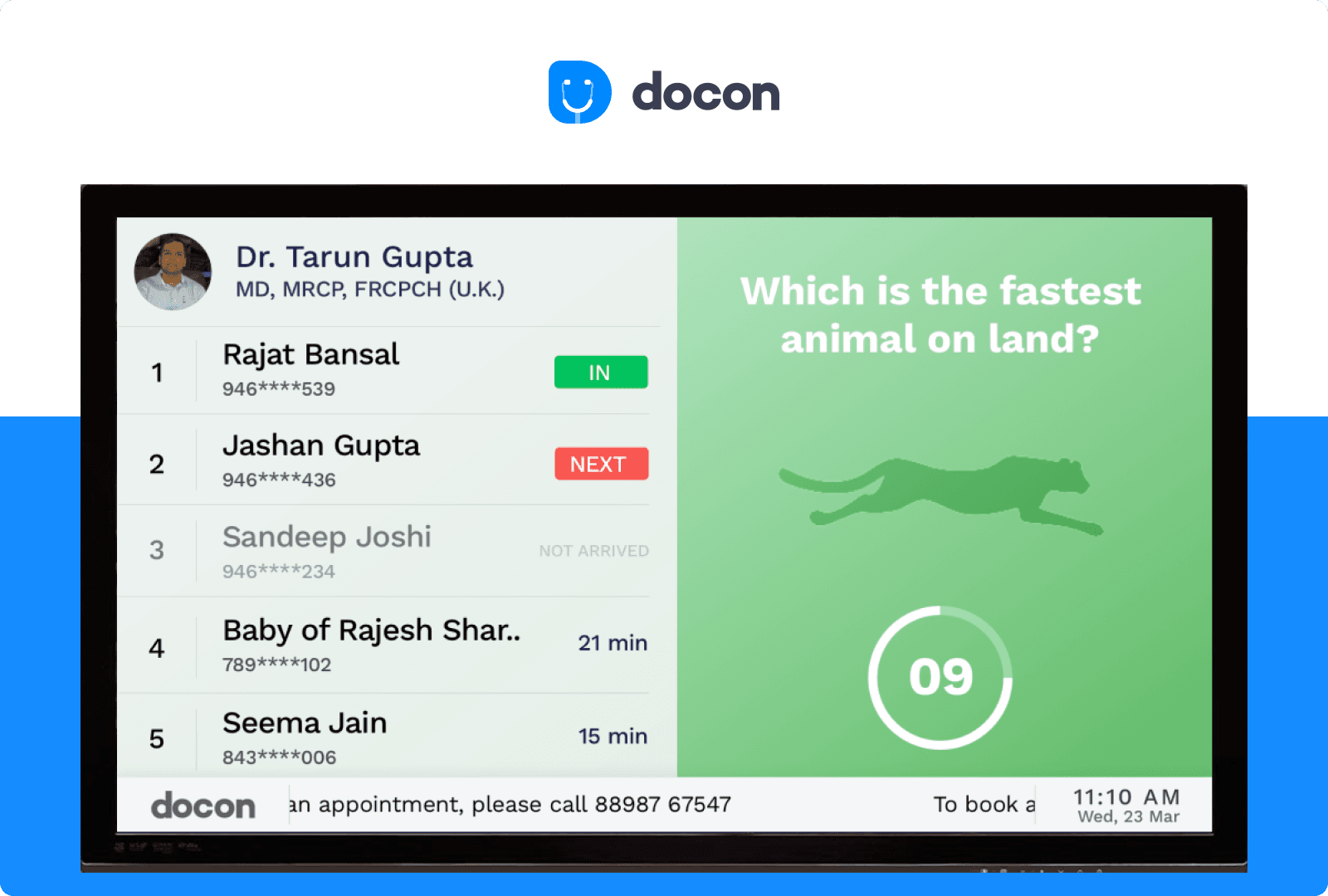 DocOn TV waiting-room display showing patient queue and quiz card